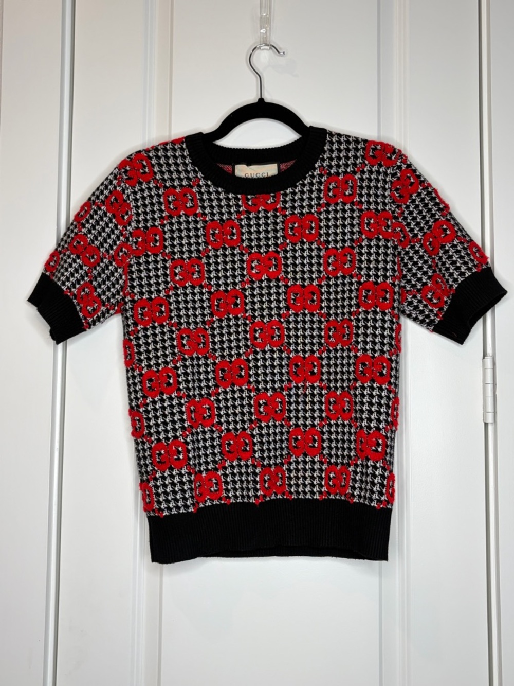 Gucci GG Monogram Knit Top Red Black Houndstooth Short Sleeve Wool